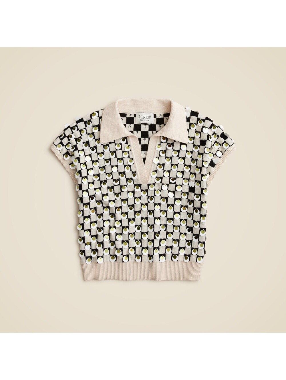 J.Crew Collection Sequin Johnny Collar Sweater Vest Black Cream Medium - Picture 1 of 7